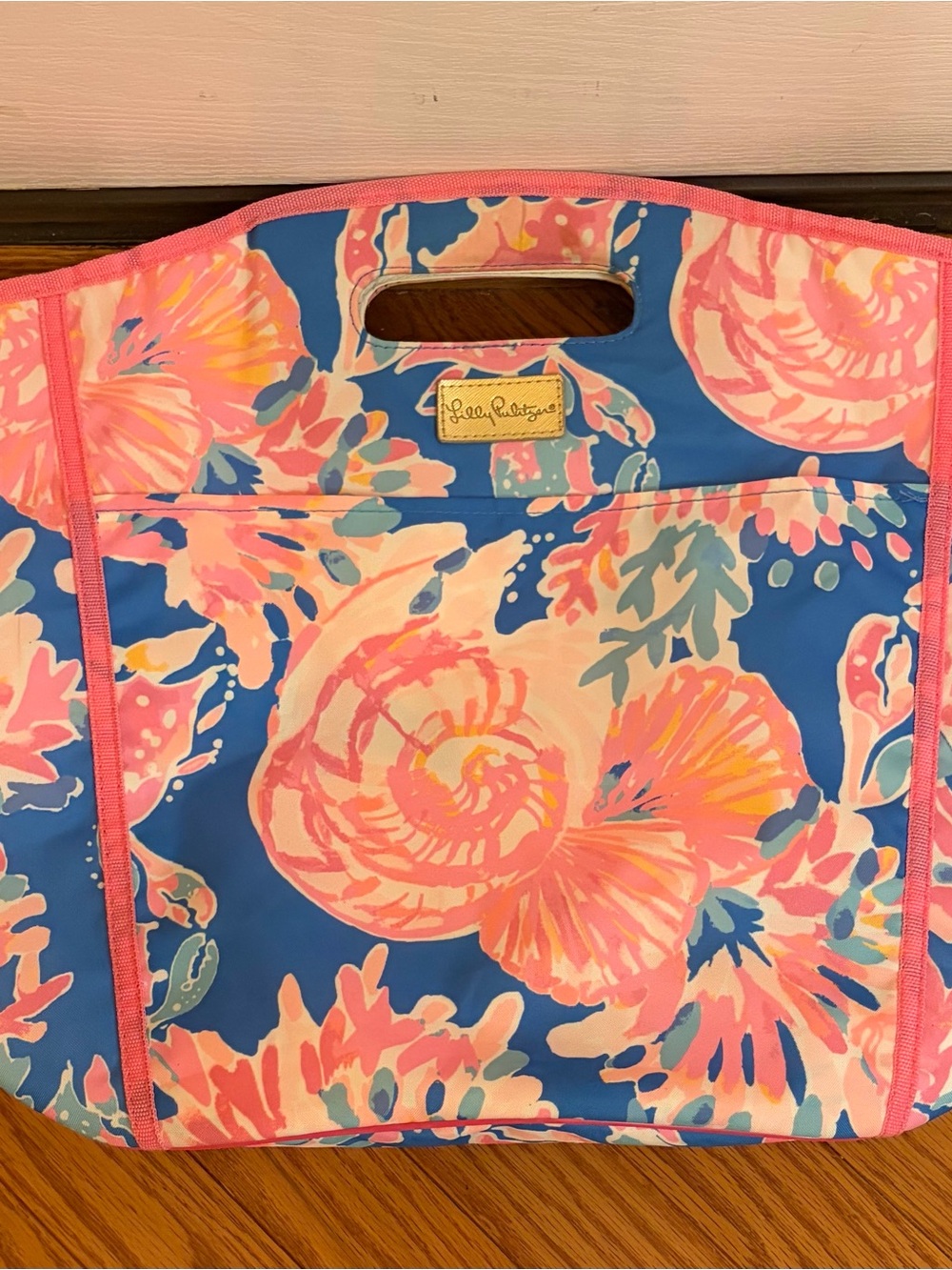 Lilly Pulitzer Blue Tote with Pink Floral Seashell Print